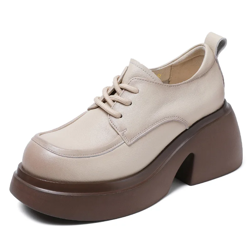 

7.5CM Fashion Women Flat Platform Shoes Spring AutumnRound Toe Back ZIP Genuine Cow Leather Academic Style Casual Loafers Female