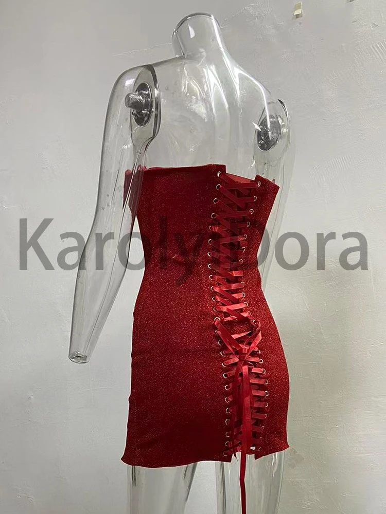 Seksowna bez ramiączek jasna jedwabna sznurowana Mini sukienka damska czerwona czarna bez rękawów Backelss obcisłe sukienki wieczorowe sukienki koktajlowe