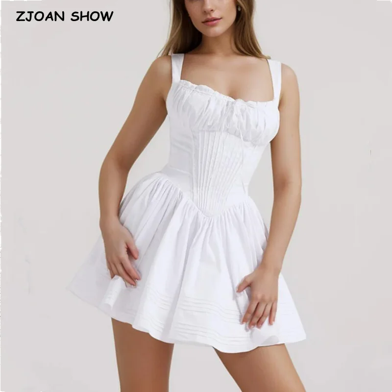 

2024 Sexy Solid White Ruched Chest Corset Style Sling Dress Spliced Lace Bandage Slash Collar Bodycon Low Waist Mini Party Robe