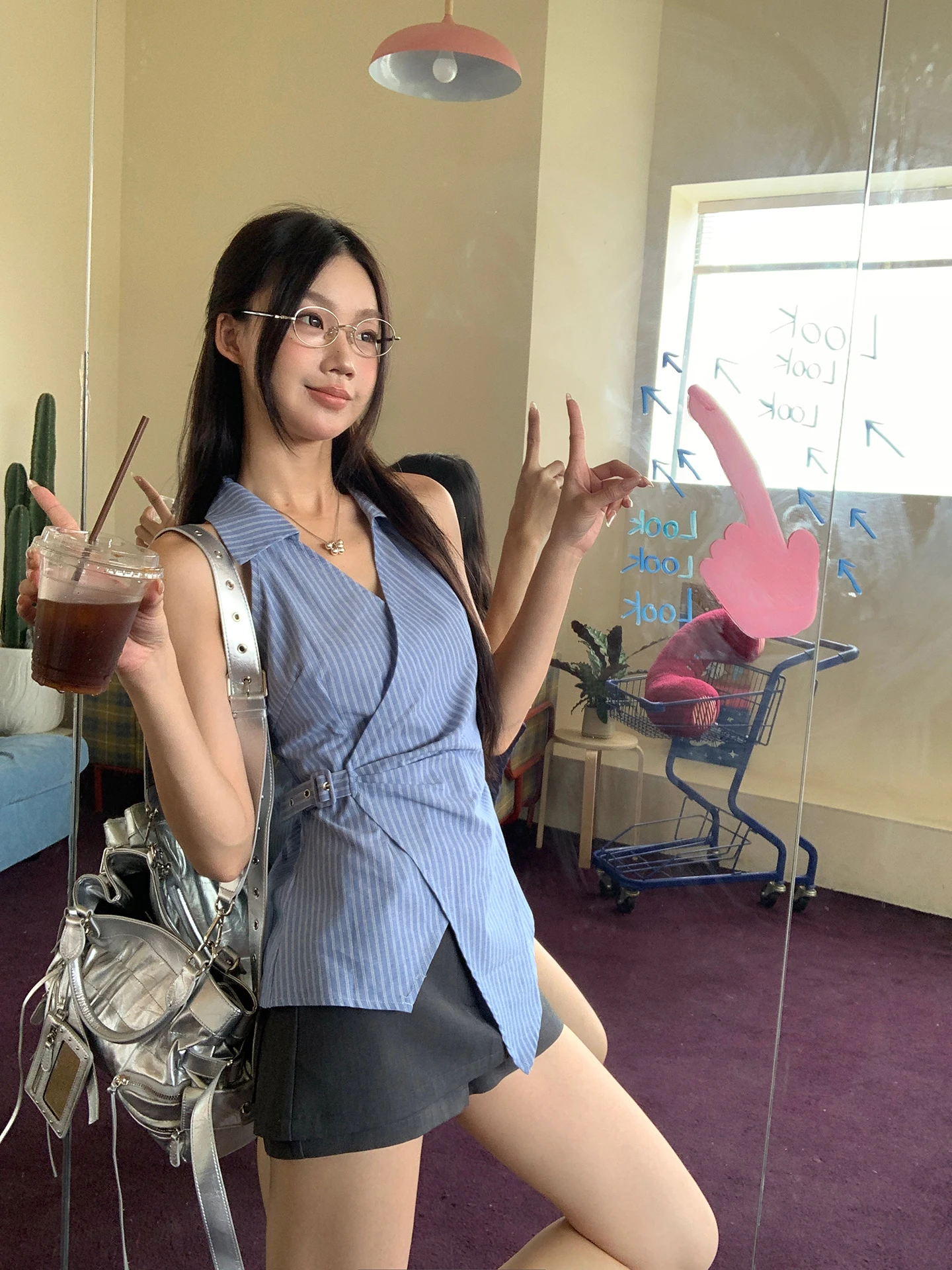 

Синяя полосатая женская летняя рубашка с завышенной талией, приталенного кроя, для повседневной носки, из хлопковой смеси, комфортная, с охлаждающим эффектом