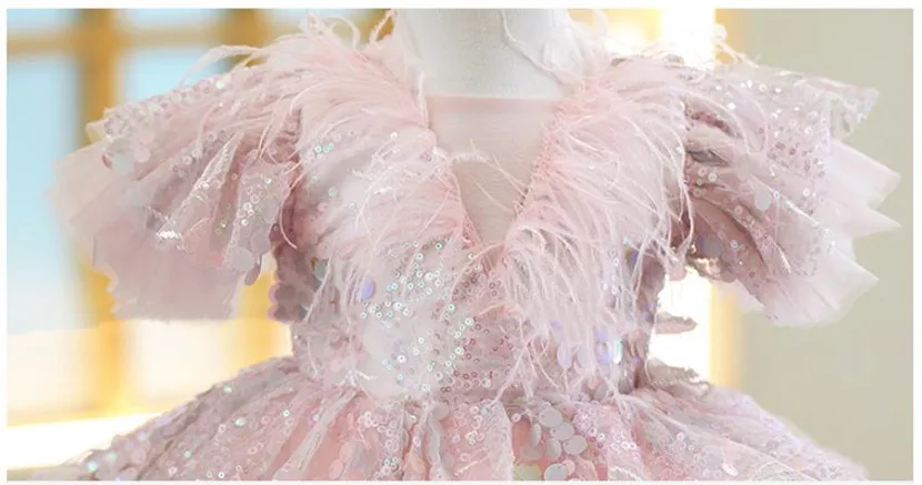 Baby Clothing Feather Sequin Design Baptism Birthday Party Gown Girls Christening Princess Dresses For Easter Eid Vestidos A2135