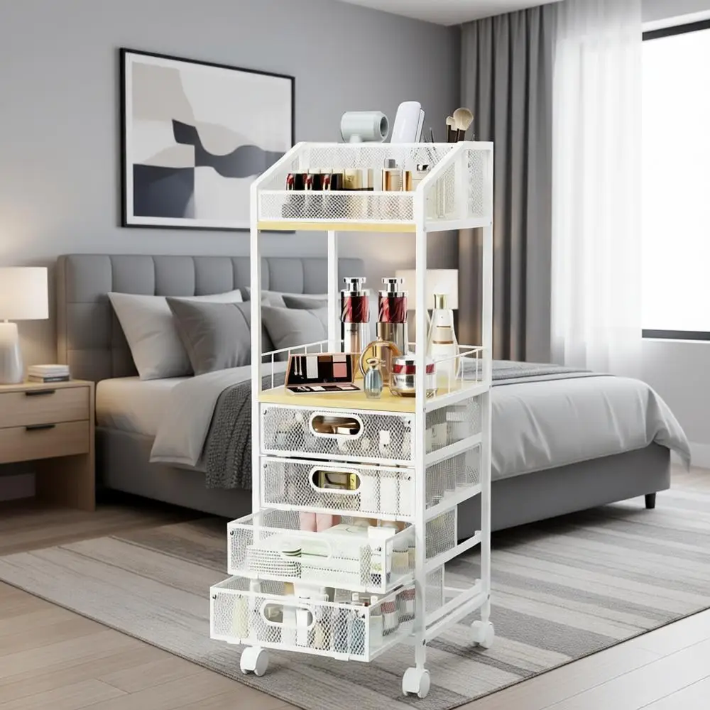 

Rolling Makeup Storage Cart with 4 Drawers for Cosmetics, Skincare, and Nail Polish Organization