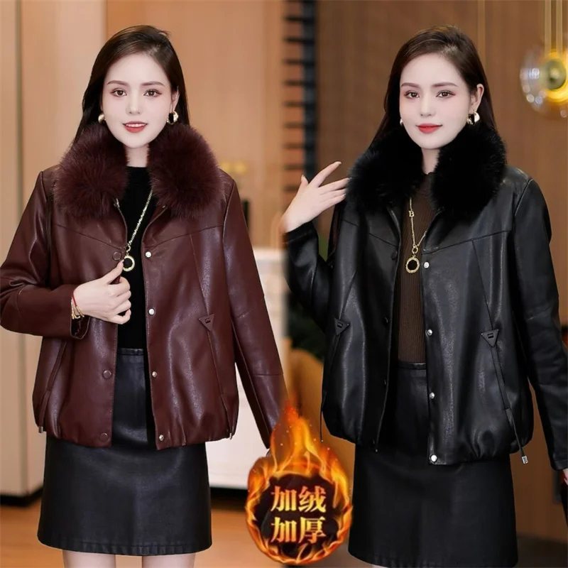 Autumn Women Detachable Large Fur Collar Short Coat Winter Ladies Faux Leather Outwear Female Large Size 5XL PU Leather Jacket