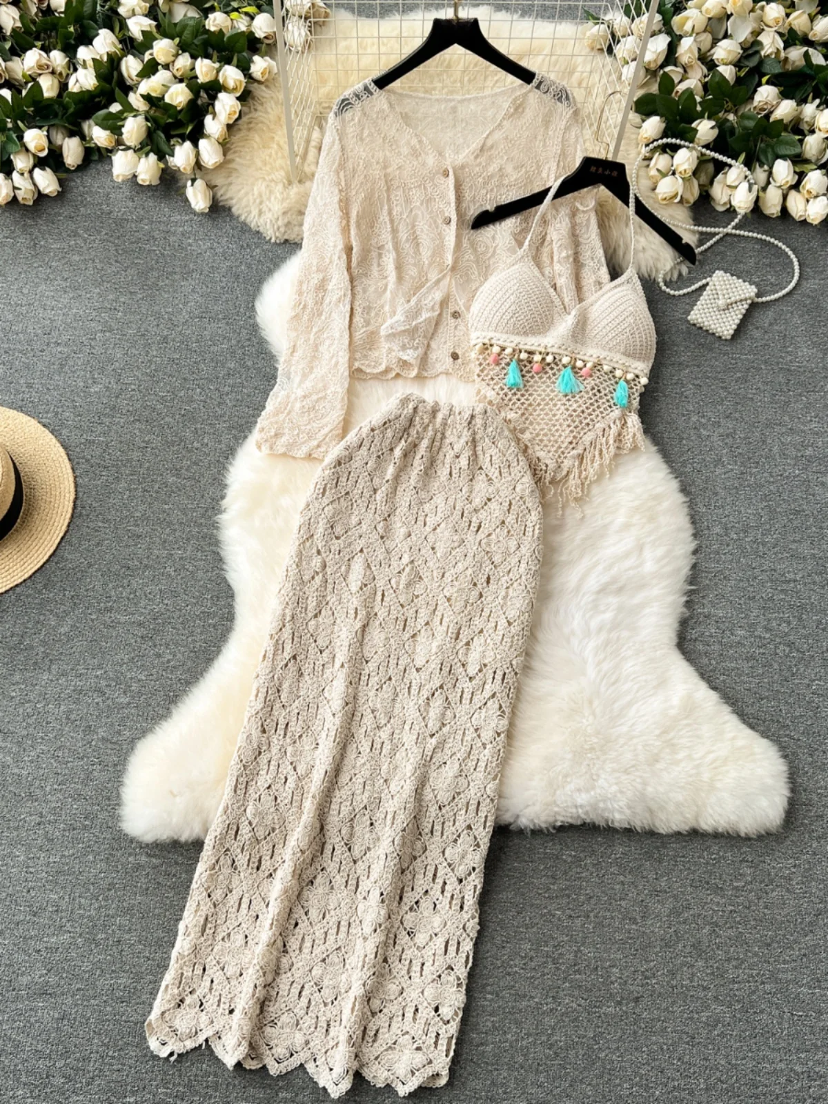 

Vacation Style Women's Retro Fringe Halter Cardigan Slim Fit Skirt Three Piece Set Summer 2024 Fashion Outerwear