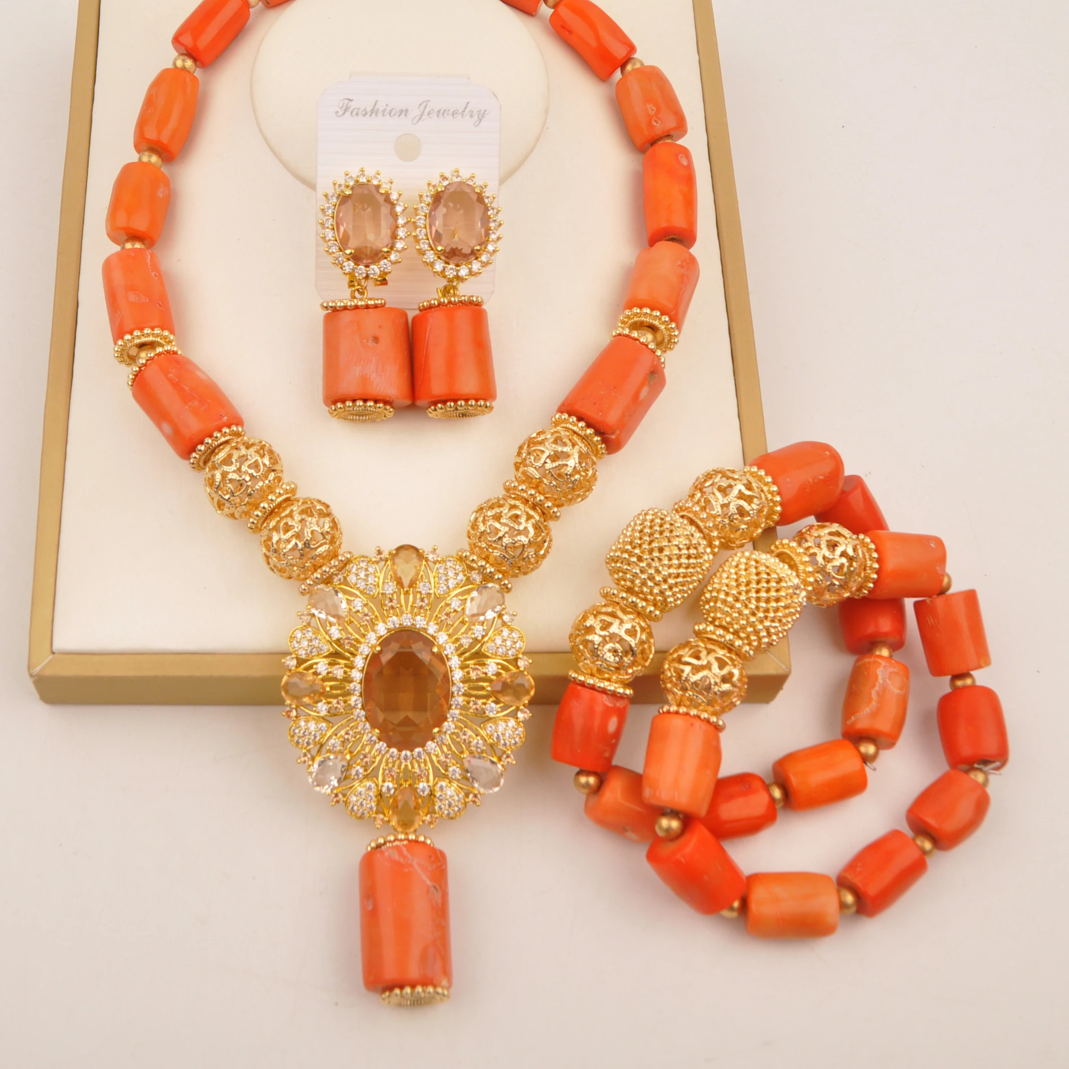 

Orange Nigerian Coral Beads Necklace African Jewelry Set for Women