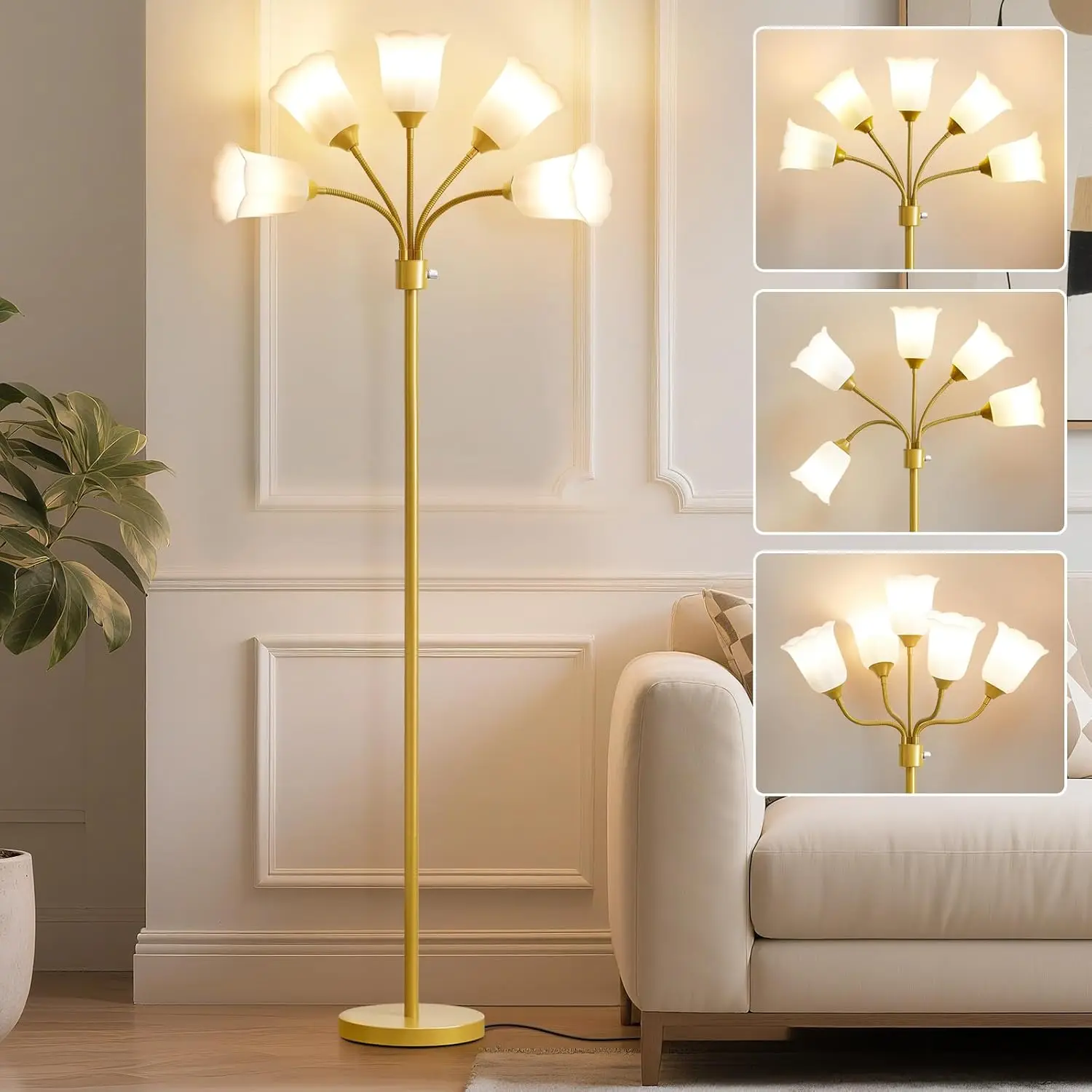 

Modern Adjustable Gooseneck Floor Lamp with 5 White Lampshades for Living Room, Kids Room & Bedroom