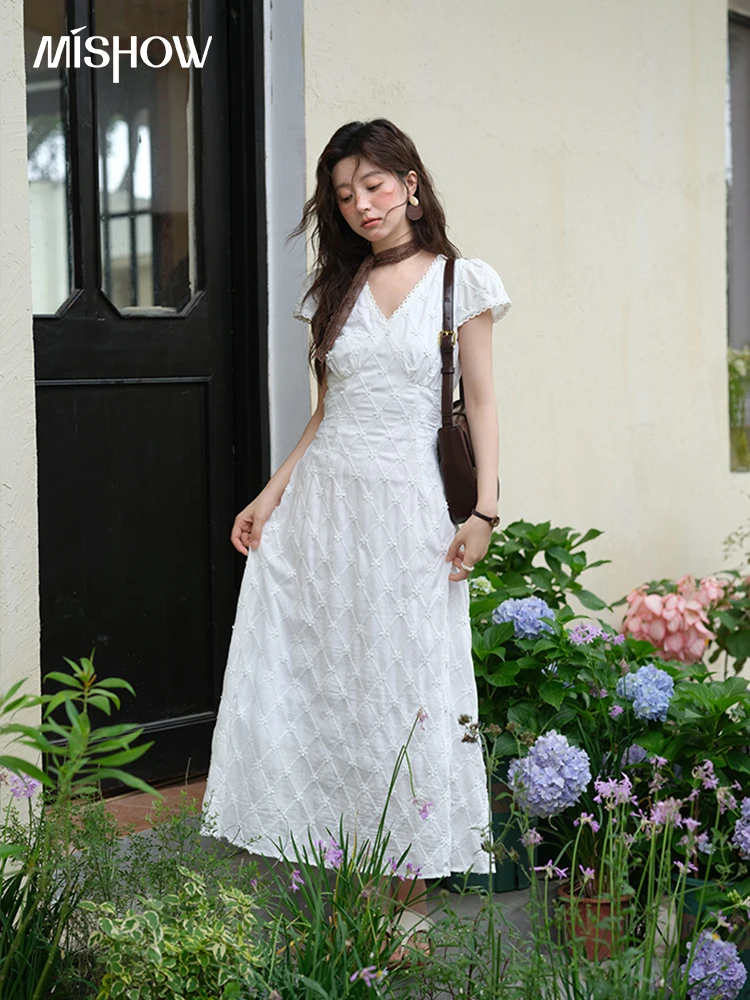 MISHOW Women's V-neck Lace Spliced Dress 2025 Summer New Embroidery Vacation French Style Jacquard Mid-Length Dresses MXE38L2378