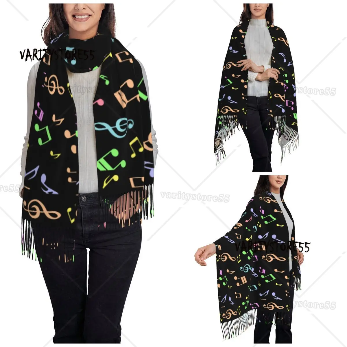 Women's Tassel Scarf Cute Colorful Music Notes Large Super Soft Shawl and Wrap Musical Cartoon Gifts Pashmina Scarves