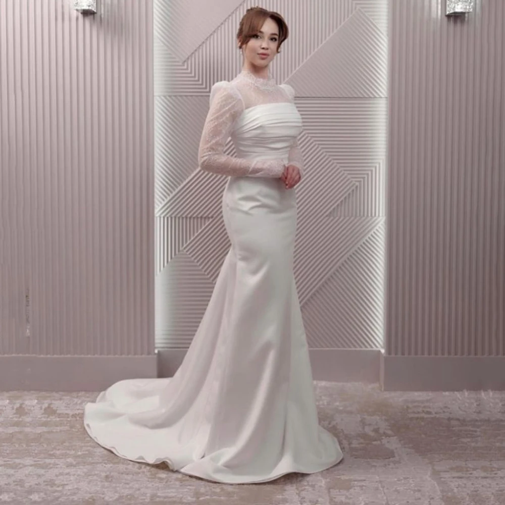 

Customized White Jersey O-neck Lace Mermaid Evening Dresses Elegant Sweep Train Pleat Full Sleeves Floor Length Party Bride Gown