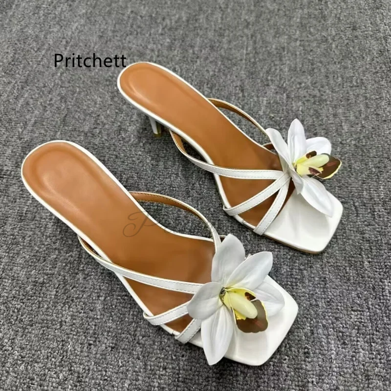 

White Flower Women's Slippers Open Square Head Leather Stiletto Mules Pull On Beach Vacation Elegant Girl Dress Shoes Summer