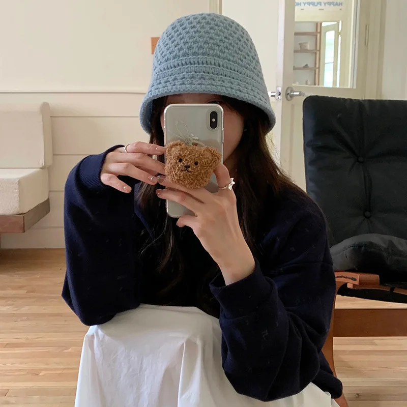 Korean Sweet Strap Knitted Bucket Hats Women Show Face Small Autumn and Winter Travel Versatile Fashion Warm Cute Dome Loli Cap