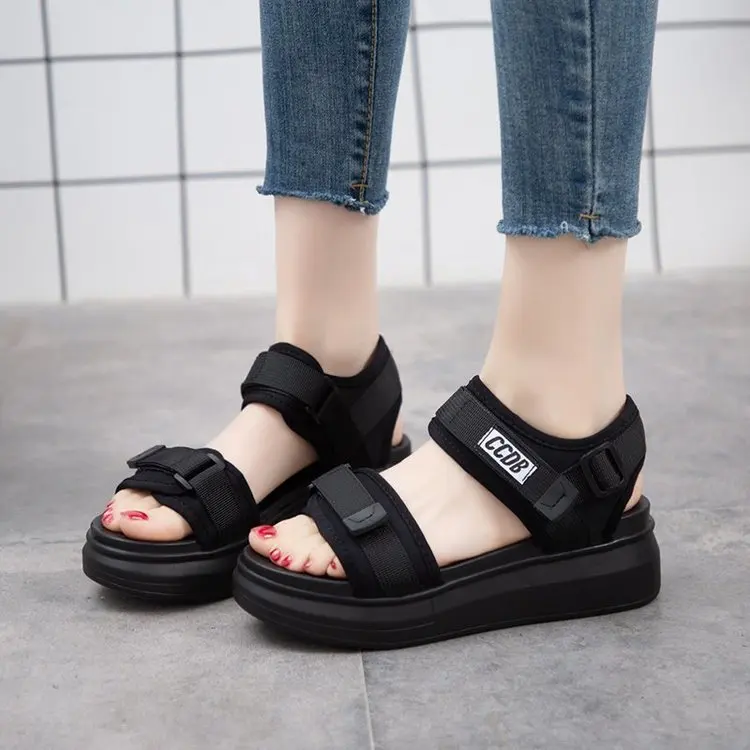 

Women's Thick Heel Platform Sandals 2020 New Korean Style Magic Tape Slope Heel Roman Beach Shoes Fairy Trend Summer Slippers