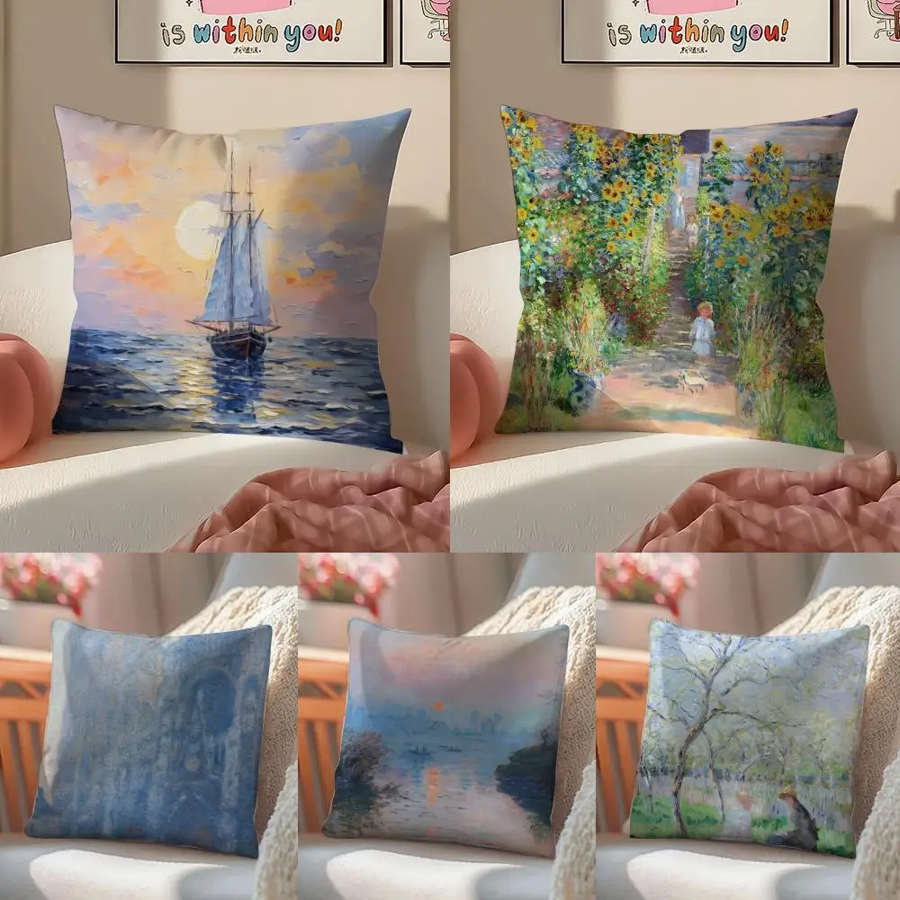 Oscar-Claude Monet Cushion Cover Linen Pillowcase Cover Soft Decor for Sofa Home Room