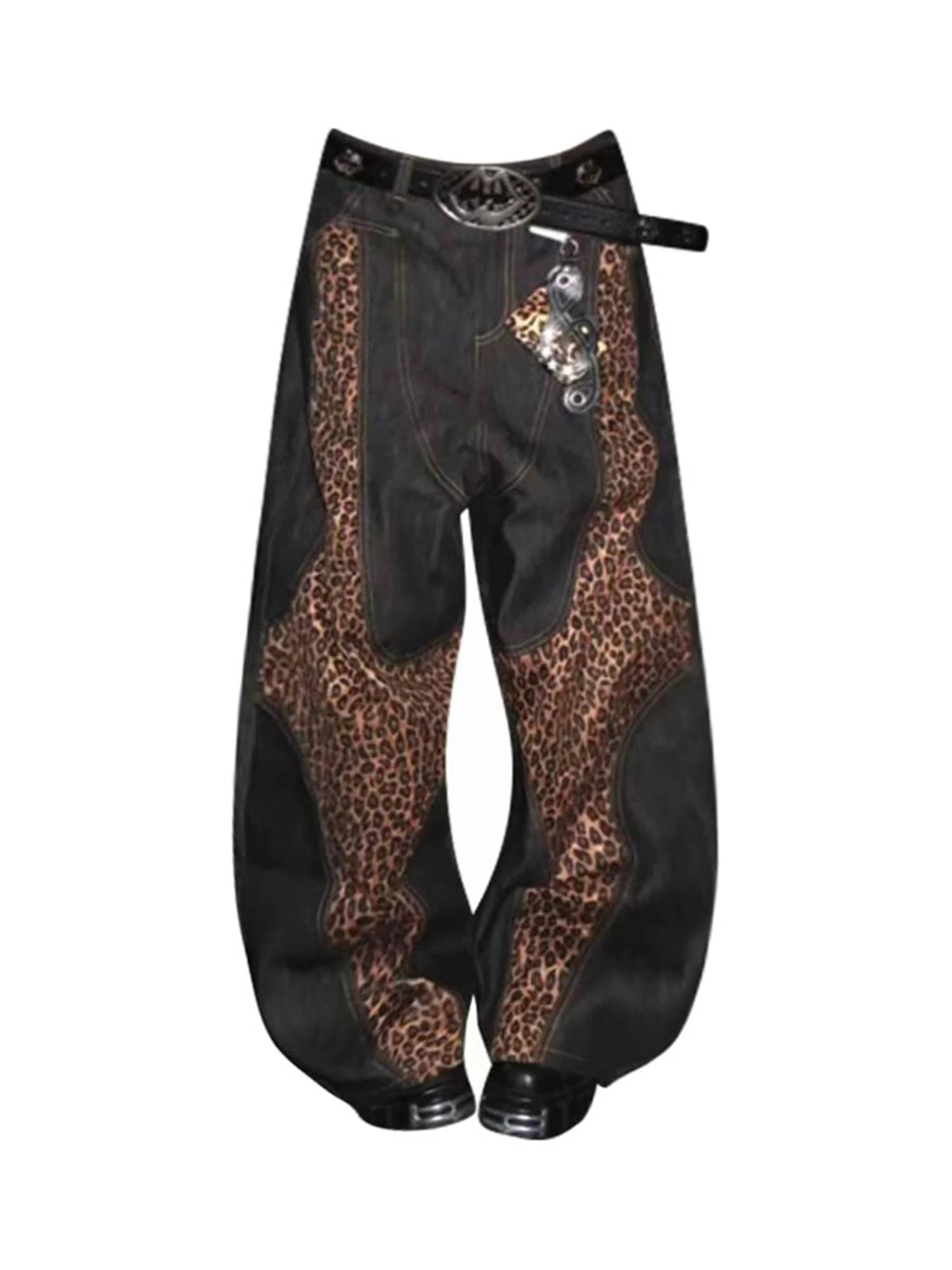 

Women's Y2K Streetwear Oversized Baggy Jeans Dark Denim with Leopard Print Patchwork Wide Leg Trousers Casual Fashion Pants