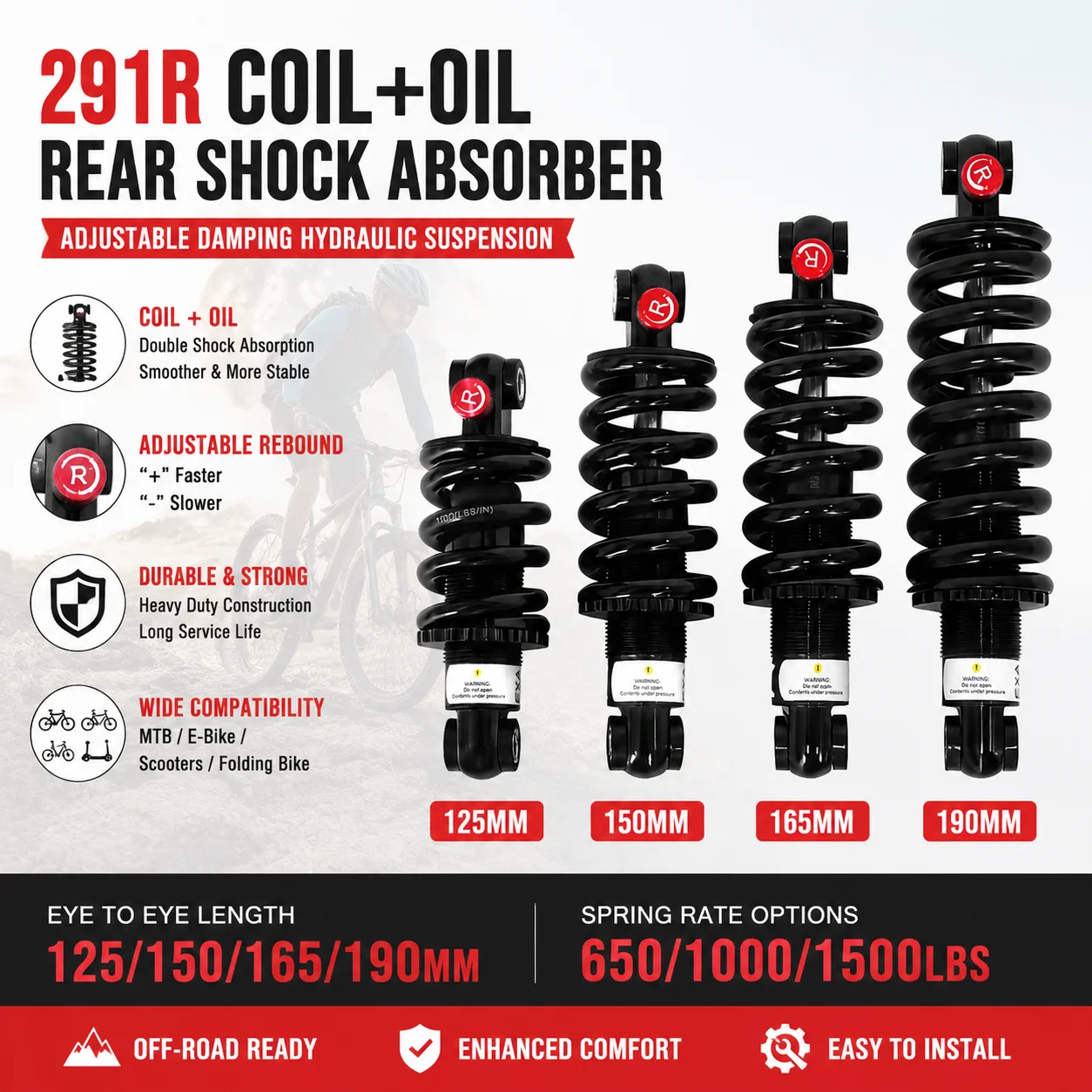 291R Coil + Oil Rear Shock Absorber Hydraulic Suspension Adjustable Rebound 125–190mm 650–1500LBS MTB E-Bike Scooter