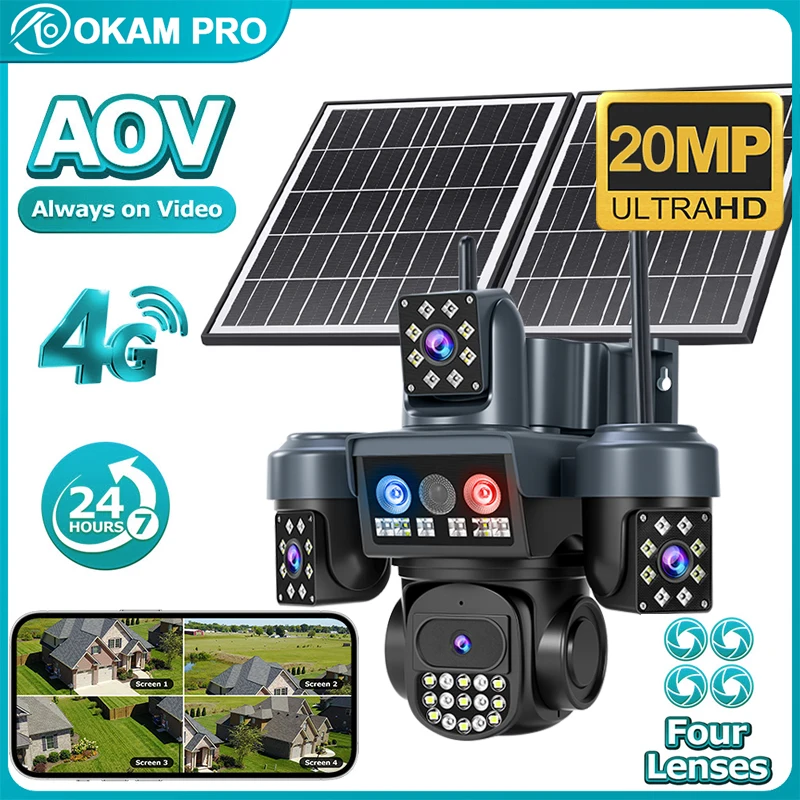 

OKAM PRO 12000MAh Battery AOV Solar Camera 4 Lens HD 20MP 4G Camera Lights Alarm Smart Ai Human Detection Night Vision Intercom