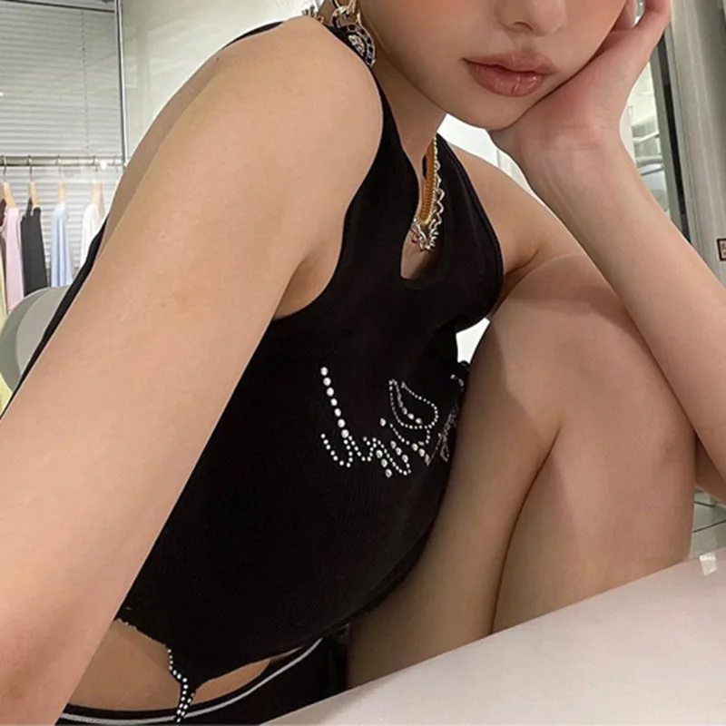 Europe and the United States Y2K top ladies\' fashion style new spice girl letter rhinestone wavy irregular navel slim bottoming