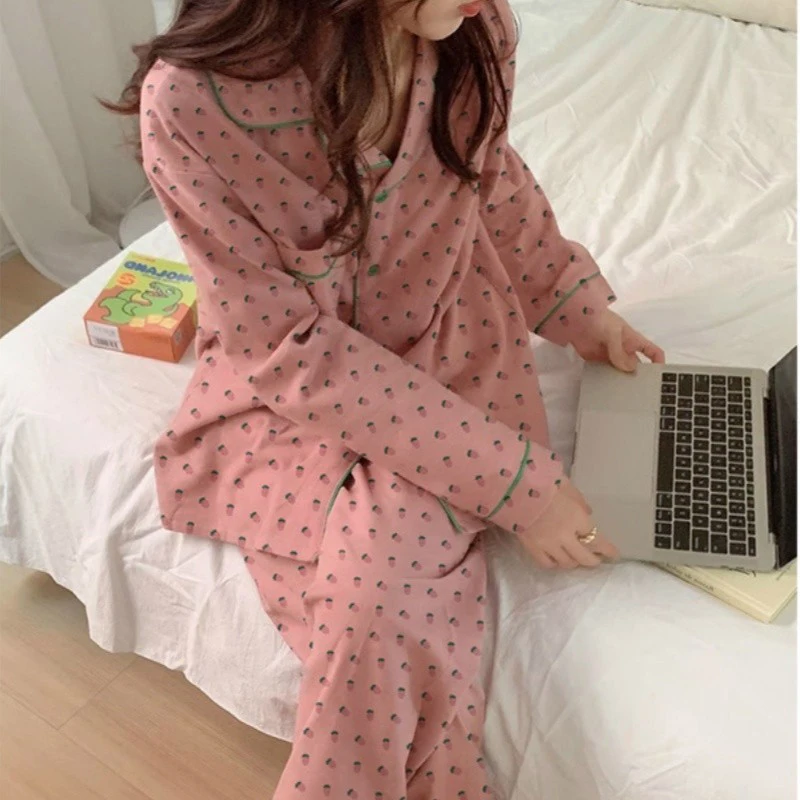 Sleepwear Korean Pajamas Women Cute Heart Print Long Sleeve Female Pajamas Set