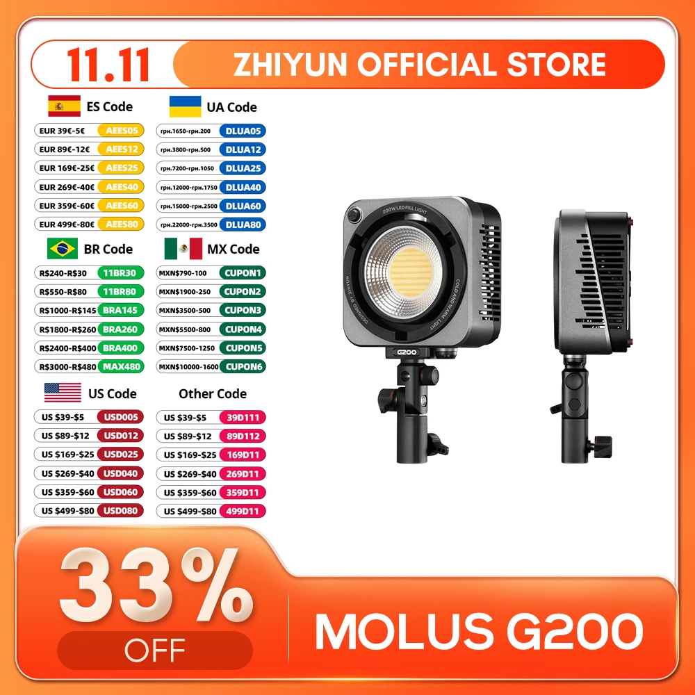 ZHIYUN 공식 MOLUS 사진 스튜디오 비디오 야외 촬영용 COB LED 조명, 2700K-6500K, G200, 200W