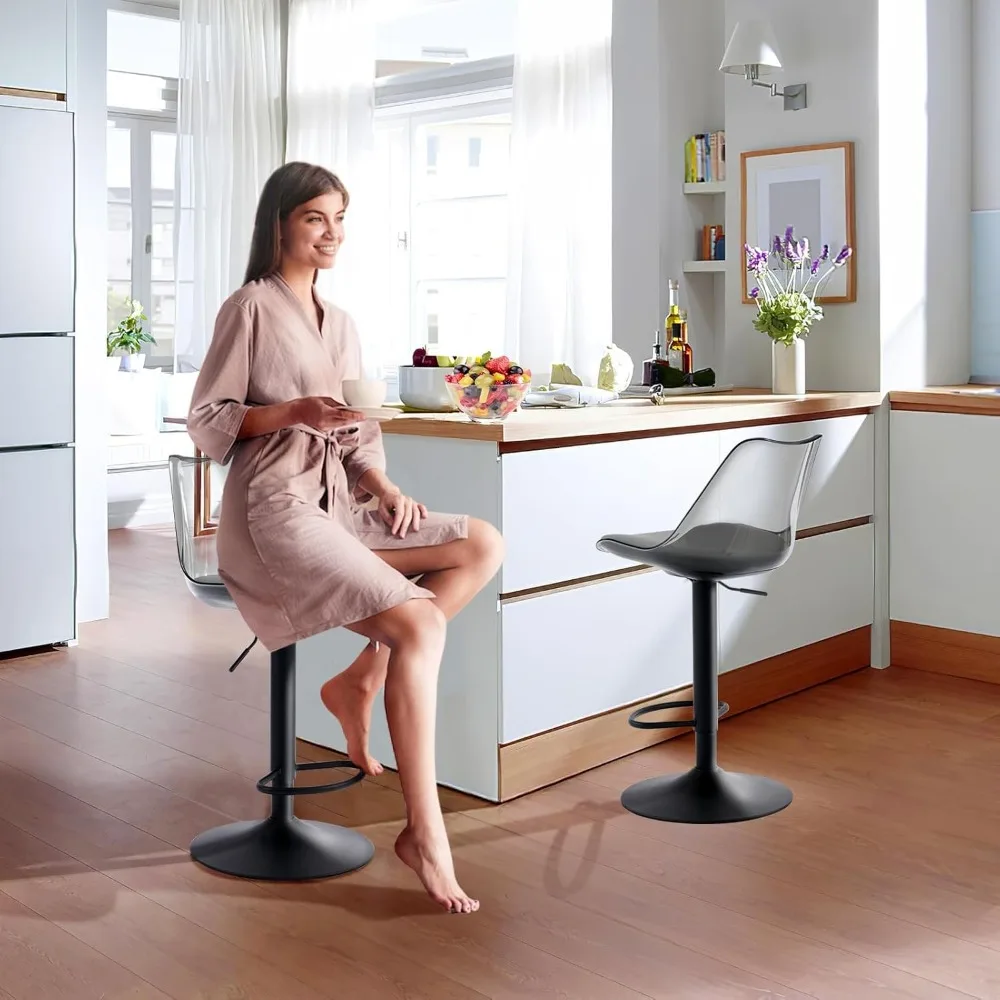 مجموعة مقاعد بار دوارة حديثة مكونة من 2، مقاعد منجدة من الجلد الصناعي مع مسند ظهر من الأكريليك الشفاف، شريط قابل للتعديل