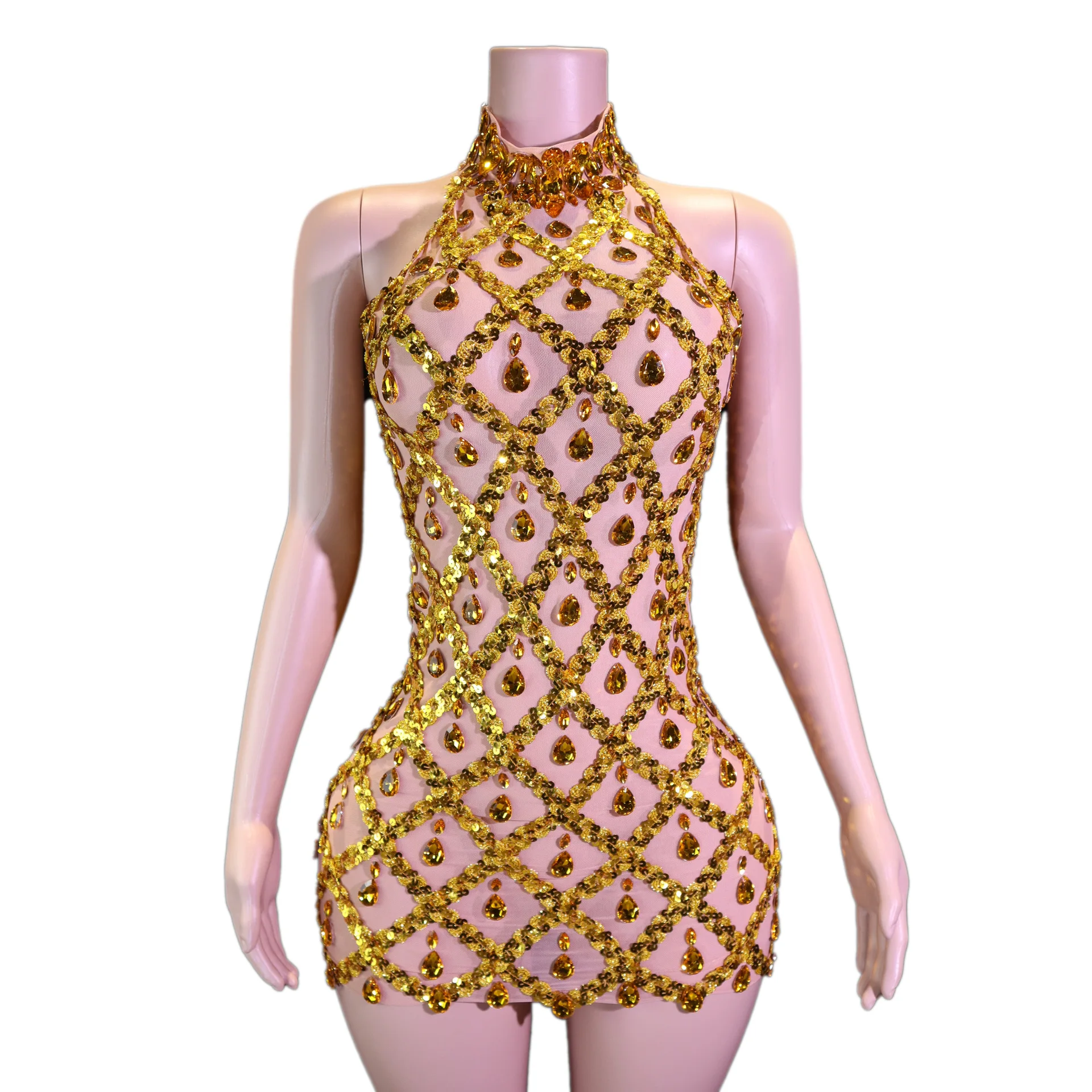

Female singer gold car model dance Dj diamond sequined mesh elastic skirt new hot-selling sexy classic high-end dress