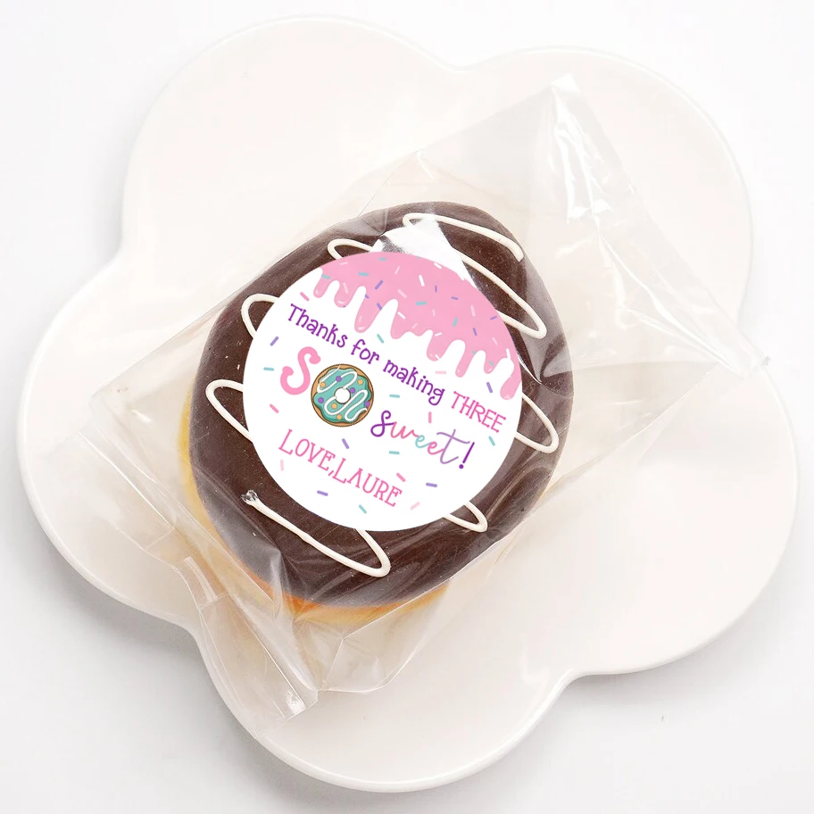 Custom Donut Birthday Party Stickers Seal Label Pink Ice Cream Gift Packaging Stickers Baby Shower Party Sweet Candy Land World