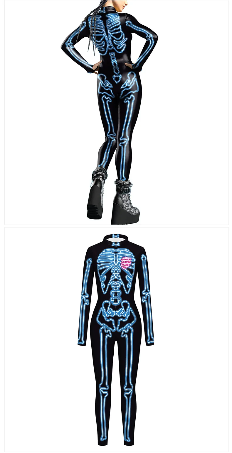 Karneval Halloween Party Fluoreszierender Skelett-Druck Damen Sexy Jumpsuit Cosplay Kostüme Ausgefallener Totenkopf-Bodysuit Mujer 2026 – Detail 21