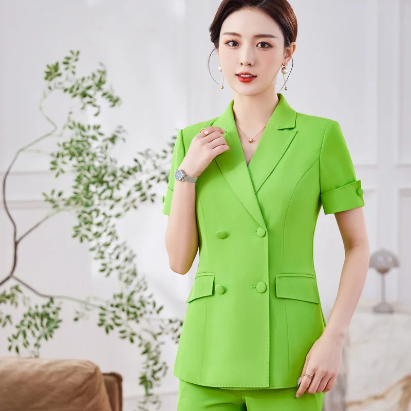 Mais novo primavera verão feminino ternos de negócios com calças e jaquetas casaco manga curta profissional pantsuit escritório trabalho wear blazer