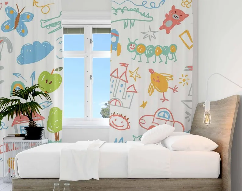 Kids Doodle Curtains School Art Child Bedroom Black Out Nursery Decor Baby Room Nursery Curtains Bedroom Living Room Curtains