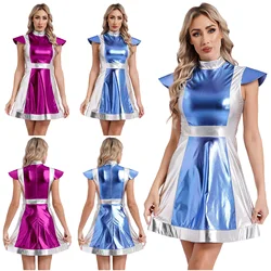 Womens Space Alien Astronaut Cosplay Costume Mock Neck Cap Sleeve Robot Outfits Shiny Metallic Dress for Halloween Performance