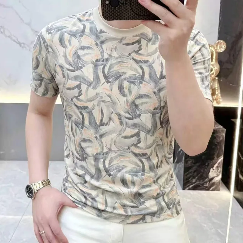 Summer Printed Round Neck T-shirt Men Ice Silk Stretch Comfortable Casual T-shirts Short Sleeved Business Social Streetwear Top