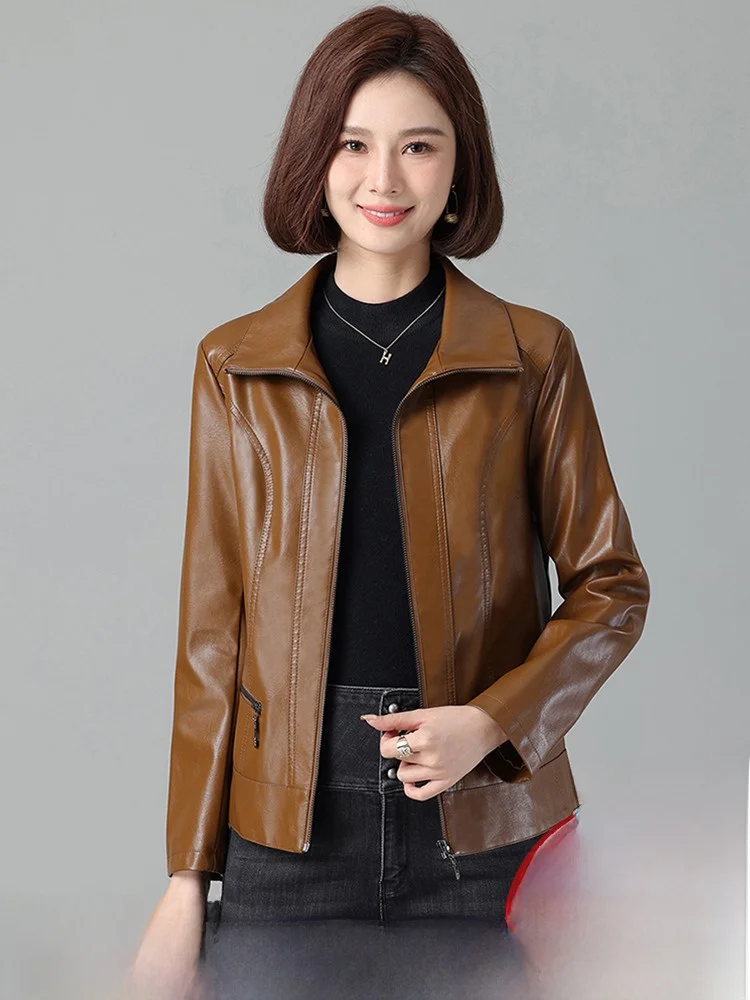 

Real Leather Jacket Women's Short Style 2026 Spring New Slim Fit Sheepskin Coat Mom's Classy Leather Vest Zipper Closure