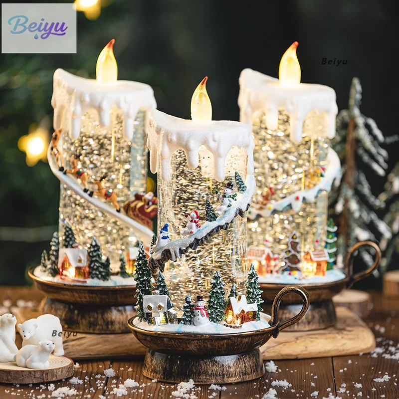 Christmas decoration ornament desktop window storefront display festive atmosphere scene arrangement elderly candle holder glow