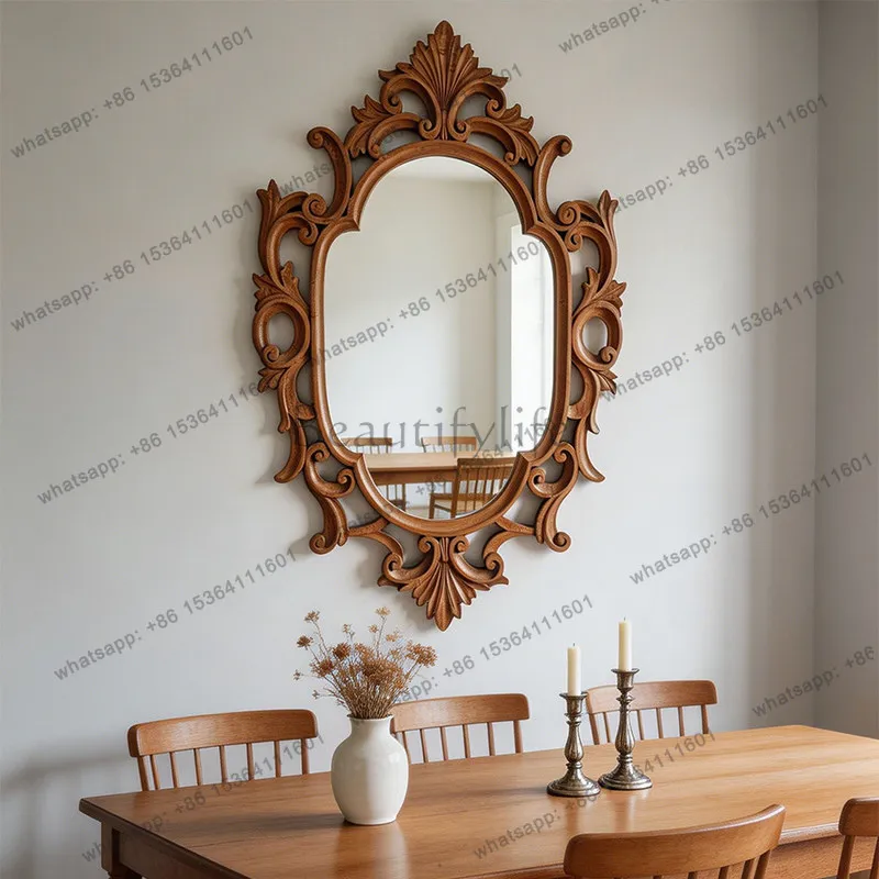 LD French Style Vintage Style Shaped Wall Decorative Mirror, Bedroom Desktop Carved Wall-Mounted Makeup Mirror