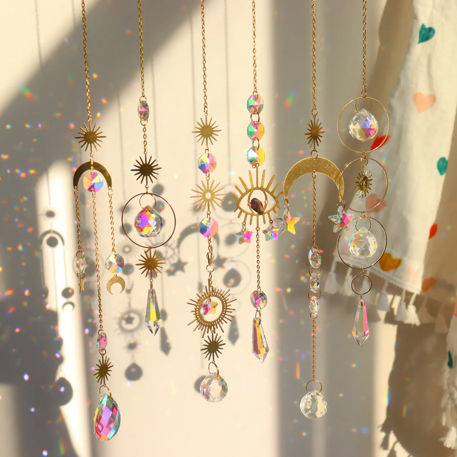 Crystal Suncatcher Sun Moon Stars Prism Beads Rainbow Balls Tear Drops Sun Catcher for Garden Decoration Hanging Window Pendants