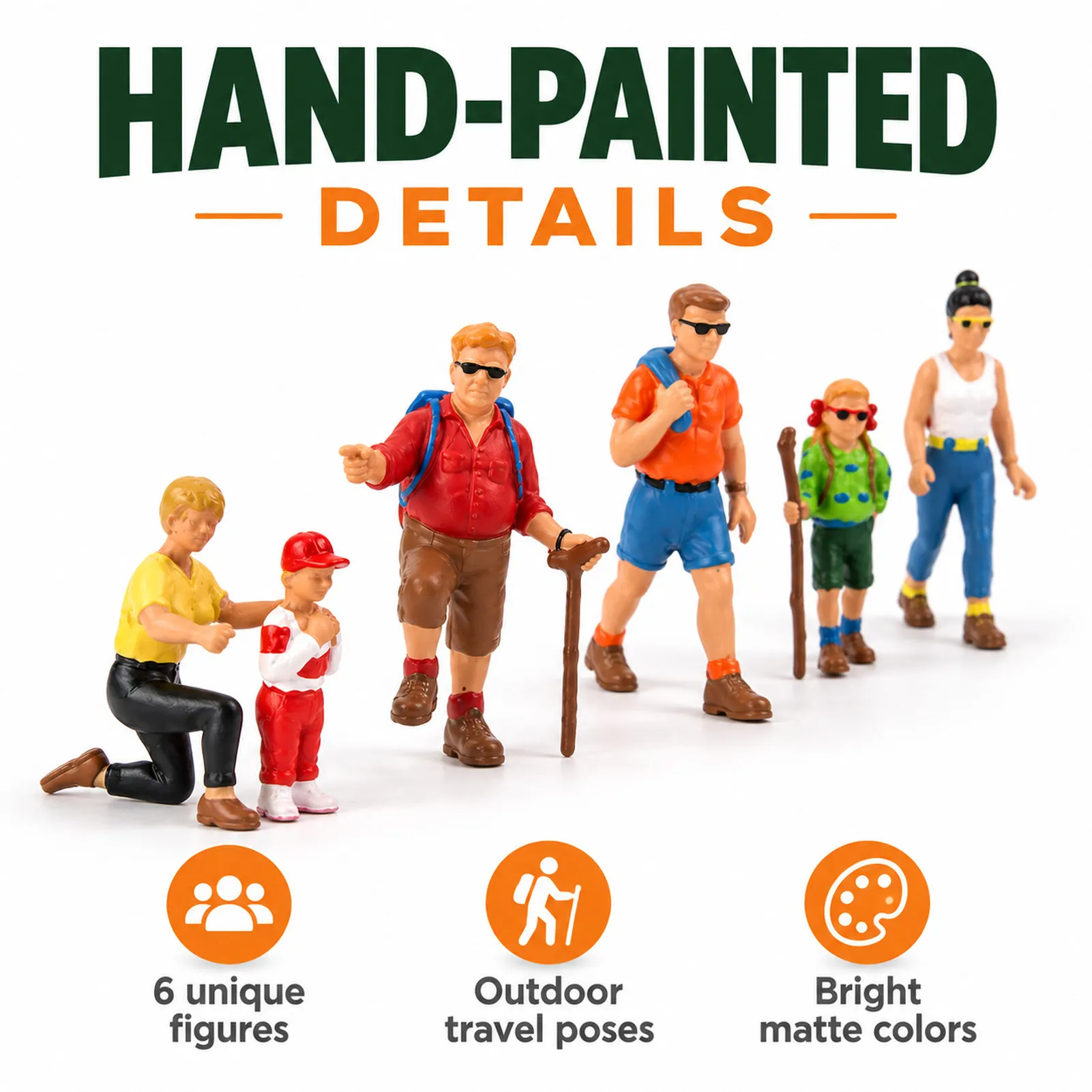 Evemodel Model Trains HO Scale 1:87 Hikers, Backpackers Painted Figures (Set of 6) HFPHO6752