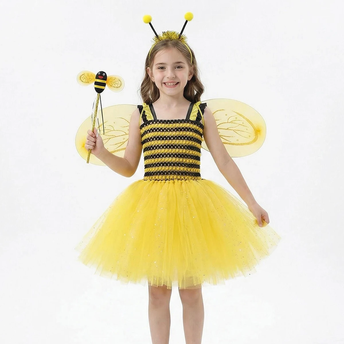 Cute Yellow and Black Bee Stripe Tutu Dress with Wings Baby Girls Flower Honeybee Costumes Kids Role-Playing Party Gown Dress