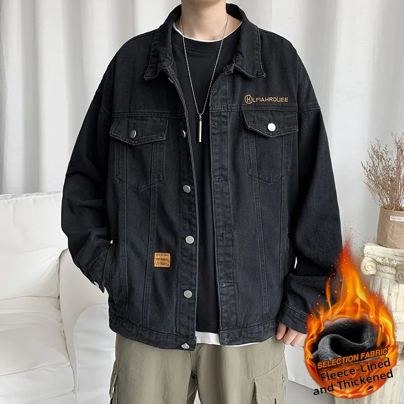 

Autumn Winter Men's Fleece Lined Denim Jacket Loose Workwear Style Couple's American Trendy Brand Long Sleeve Outerwear