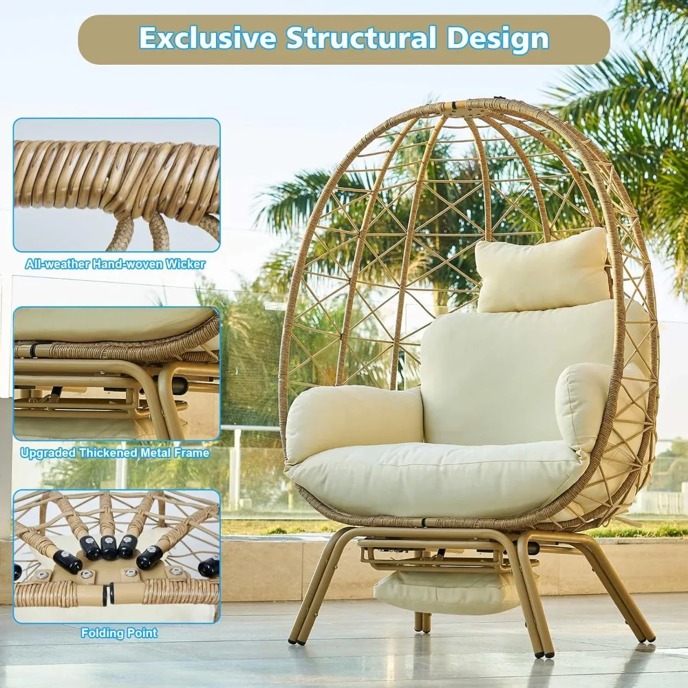 Wicker Egg Chair with Cushion & Footrest - Oversized 450lb Capacity Boho Hanging Chair for Indoor/Outdoor - Beige Rattan Lounge