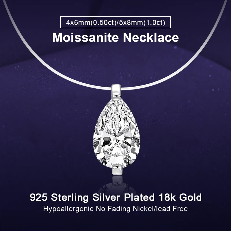 

IOGOU 925 Silver 0.5CT 1CT Pear Cut Moissanite Solitaire Diamond Pendant Necklace for Women Invisible Fish Line Chain Jewelry