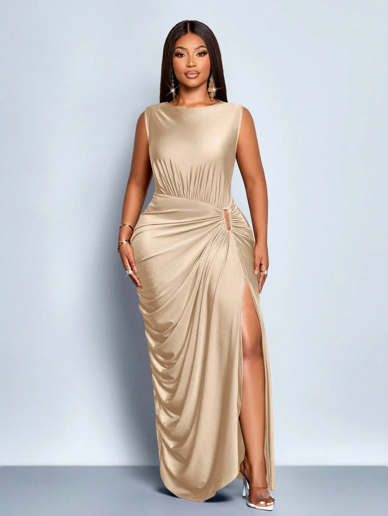 

Элегантное однотонное платье макси с драпировкой и разрезом, без рукавов, длиной до пола, для женщин