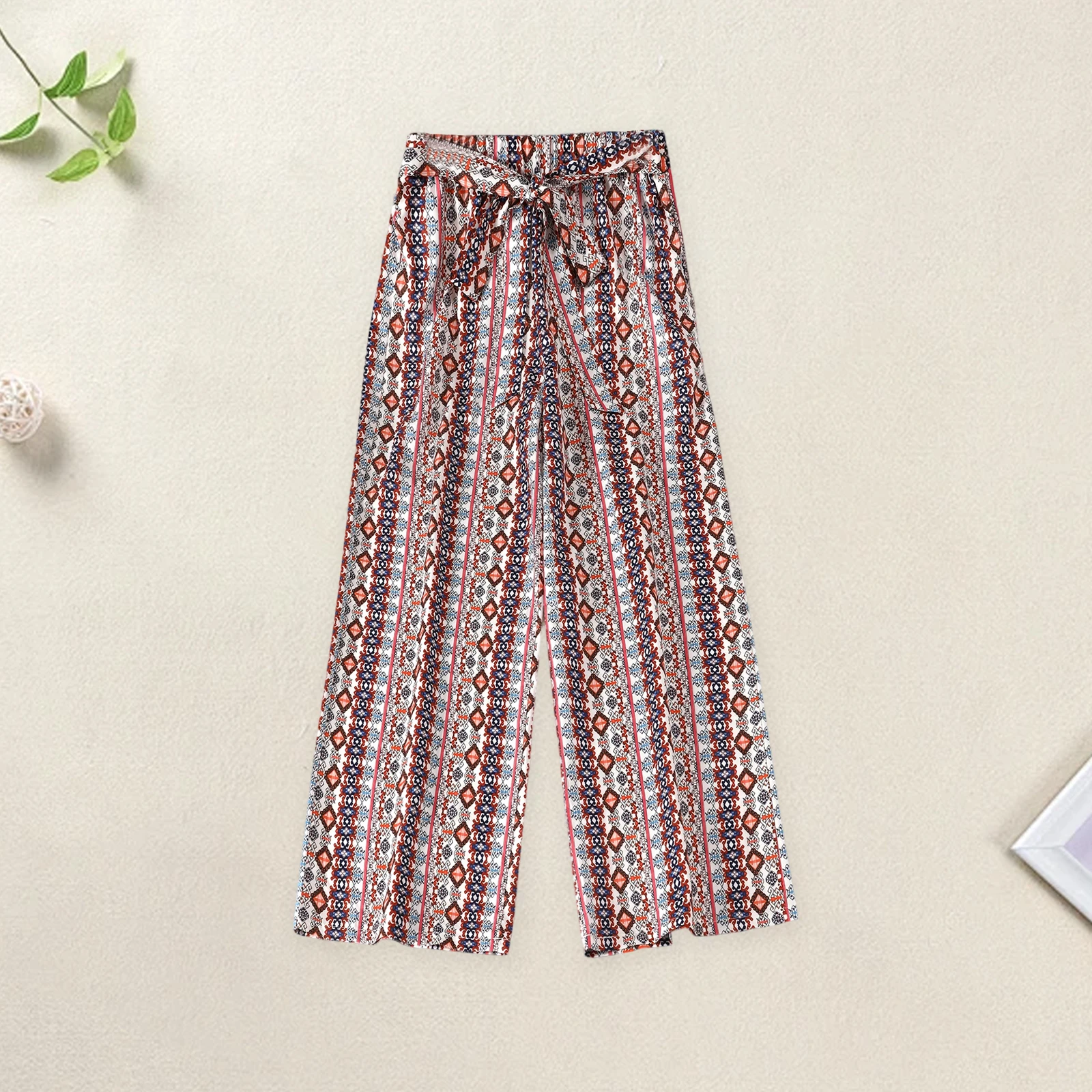 Pantalones con estampado bohemio para mujer, pantalones de pierna ancha indie folk, versátiles, informales, holgados, a la moda