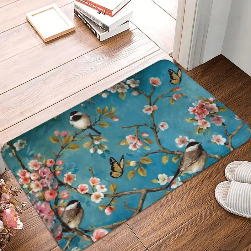 Cute Birds Cherry Blossom Flowers Doormat Anti-Slip Bath Kitchen Mat Garden Garage Door Floor Entrance Carpet Rug