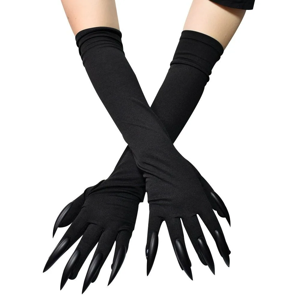 Black Halloween Makeup Black Nail Gloves Full Finger Elastic Ghost Cat Demon Paw Gloves Funny Women Long Mittens Women