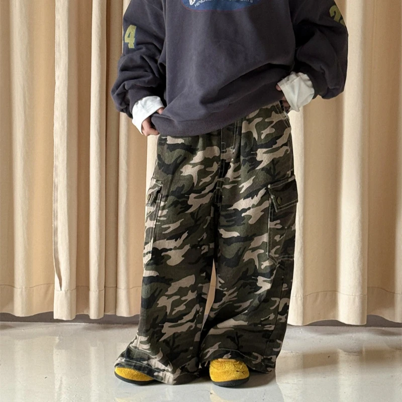 

2025 Autumn New Children's Sand Washed Craft Camouflage Wide Leg Street Style Large Pocket Work Pants