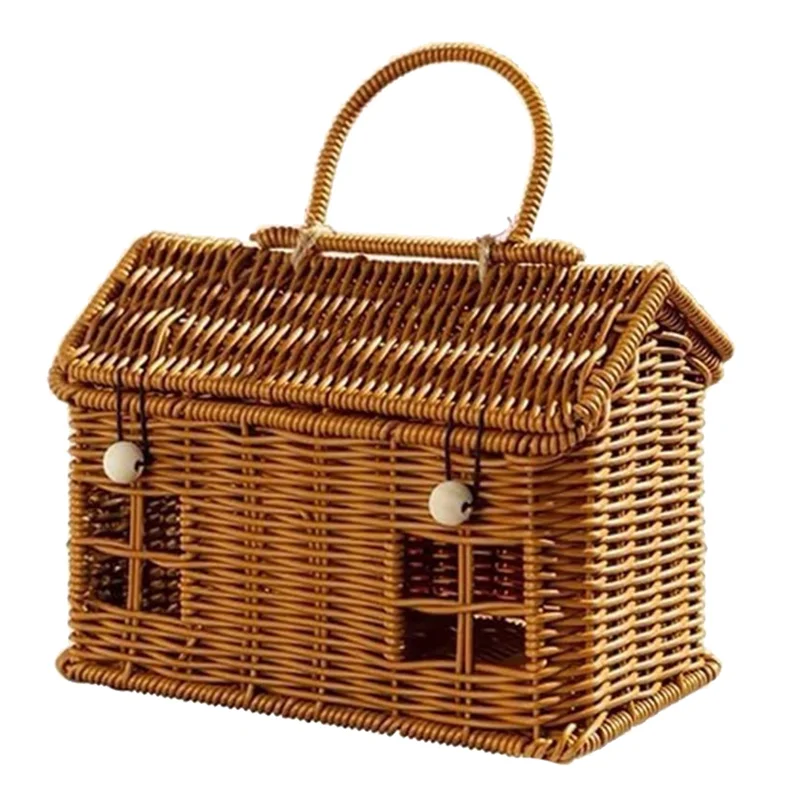 

AB42-Rattan House Shaped Basket With Lid Natural Harvest Wicker Basket For Picnics, Easter, Organizing, Storage