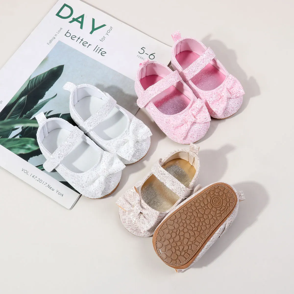 Baby Spring And Autumn Baby Girl's First Walking Indoor Outdoor Princess Shoes For 0-18 Months Lace Glitter Bow Design Sneaker