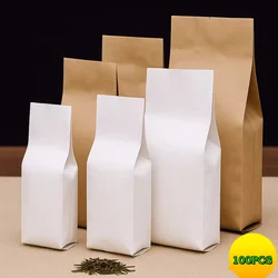 100PCS Open Top White Kraft Paper Side Gussets Bag DIY Snack Coffee Beans Tea Spice Matcha Cocoa Heat Sealing Storage Pouches