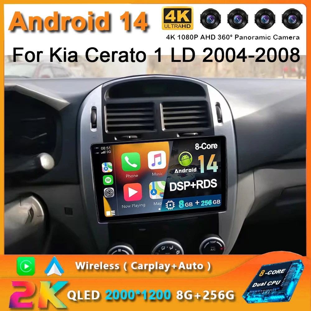 

For Kia Cerato 1 LD 2004-2008 2K QLED Android 14 Car Radio Multimedia Video Player GPS AI Voice 4G CarPlay Head Unit Stereo