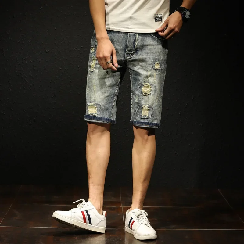 

Newest Hot Fashion Hole Denim Jean Men's Distressed Rip Colored Casual Jeans Short Pant Male Denim Ripped Shorts Summer Clothes